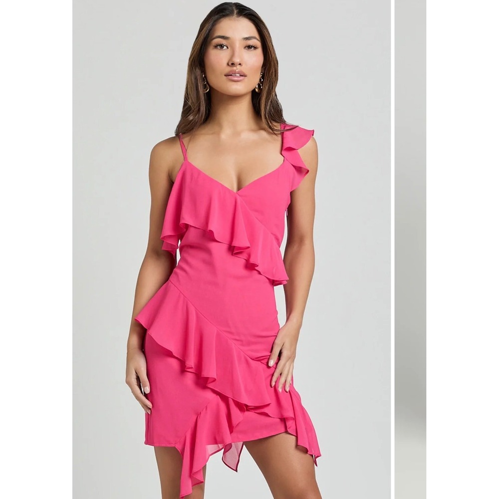 Showpo Zaria Mini Dress Women 14 Hot Pink Asymmetric Ruffle Barbiecore Cocktail